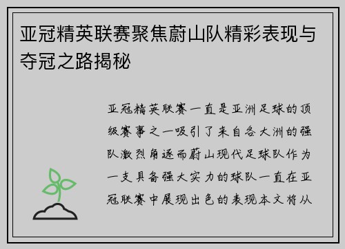 亚冠精英联赛聚焦蔚山队精彩表现与夺冠之路揭秘 亚冠精英联赛聚焦蔚山队精彩表现与夺冠之路揭秘